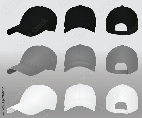 Baseball cap set. black grey and white. vector illustration