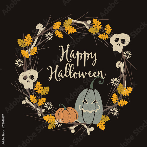 Hand drawn vintage Halloween party greeting card, invitation with floral wreath made of jack-o- lantern pumpkins, human skull, bones, oak leaves and branches. Artistic vector illustration background.