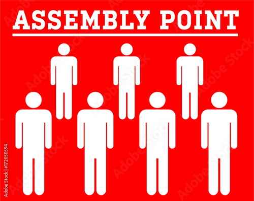 assembly point symbol board with group icon people isolated on red background