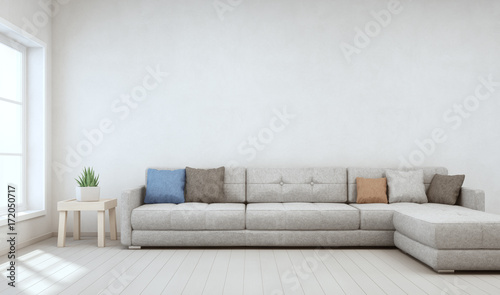 Indoor plant on wooden coffee table and big sofa with empty white concrete wall background, Relaxing area near window in bright living room of modern scandinavian house - Home interior 3d rendering