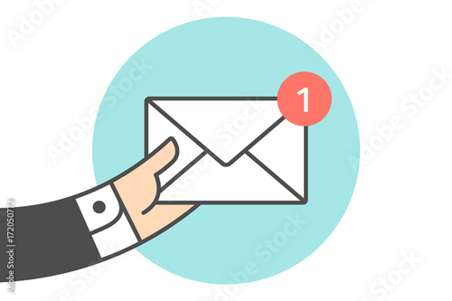 Icon of new mail envelope. White mail envelope with red marker. Hand of busnessman holds the one email icon or message. Icon of mail envelope isolated on a blue circle. Vector Illustration