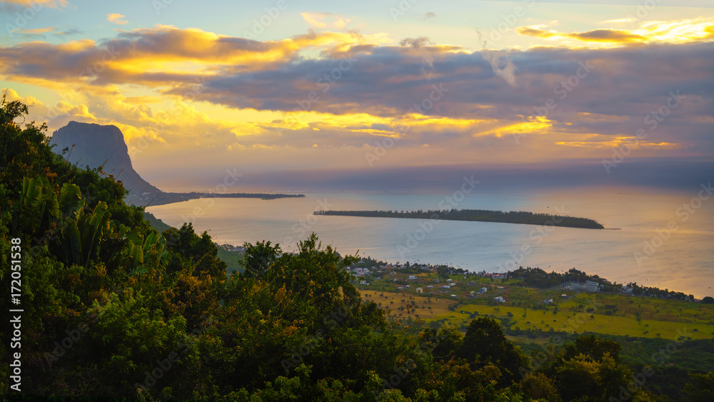 View from Piton de la Petite Riviere Noire, highest peak of Mauritius. Panorama at sunset.Le Morn Brabant on background.