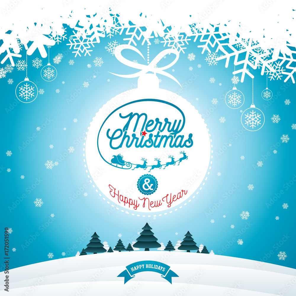 Merry Christmas illustration with typography and ornament decoration on winter landscape background. Vector Christmas holidays flyer or poster design.