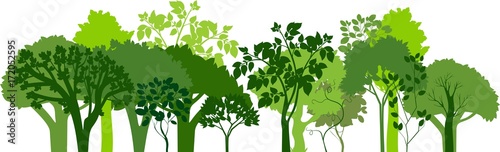 Group of silhouettes of green trees. Horizontal banners of silhouettes of deciduous trees