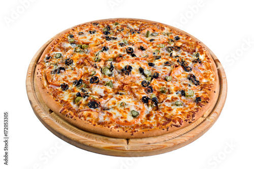pizza with mushrooms on wooden board. for a directory or menu
