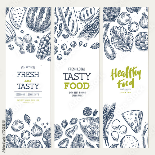 Healthy food banner collection. Good nutrition backgrounds. Linear graphic. Hero image. Vector illustration