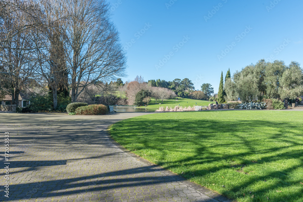 Evening shadows of trees across a footpath and lawn under a blue sky