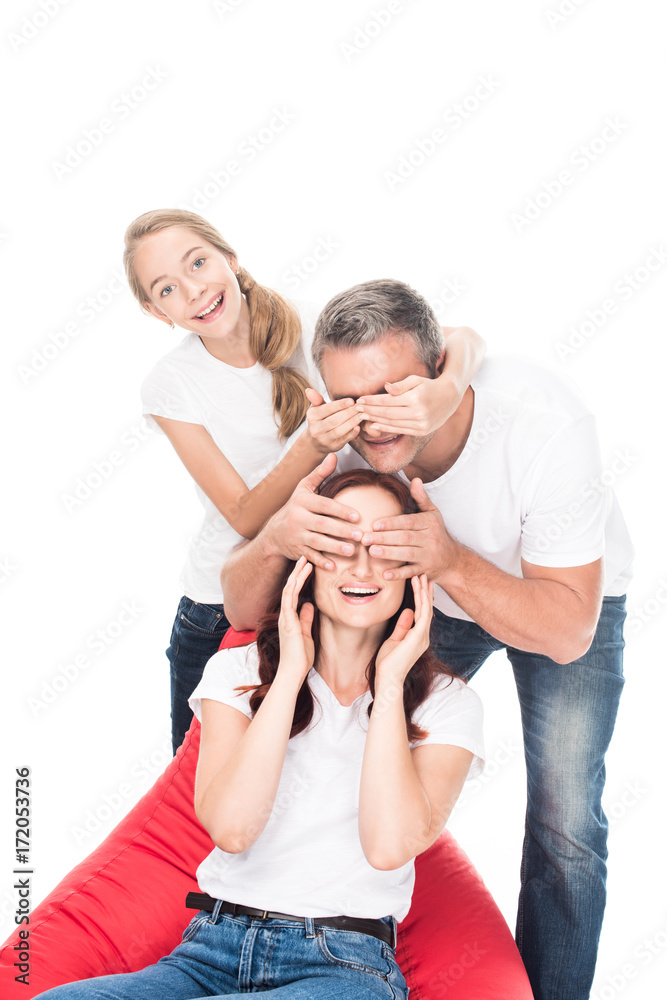 family closing eyes for surprise family closing eyes for surprise