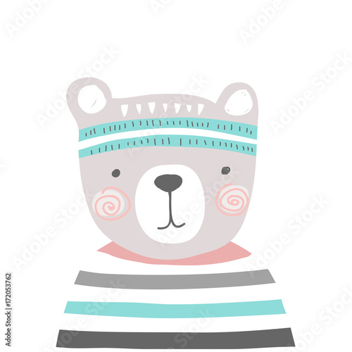 stylized colored hand drawn Illustration of cute bear head with striped shirt. kids sport design for kids print clothing textile cards and other