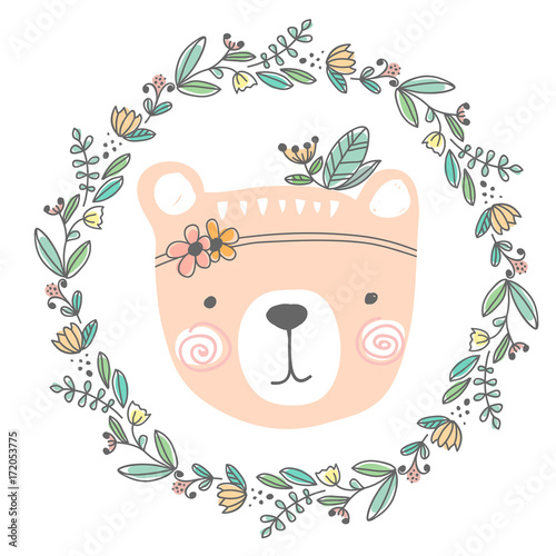 stylized colored hand drawn Illustration of cute bear head with flowers and leaves. design for kids print clothing textile cards and other