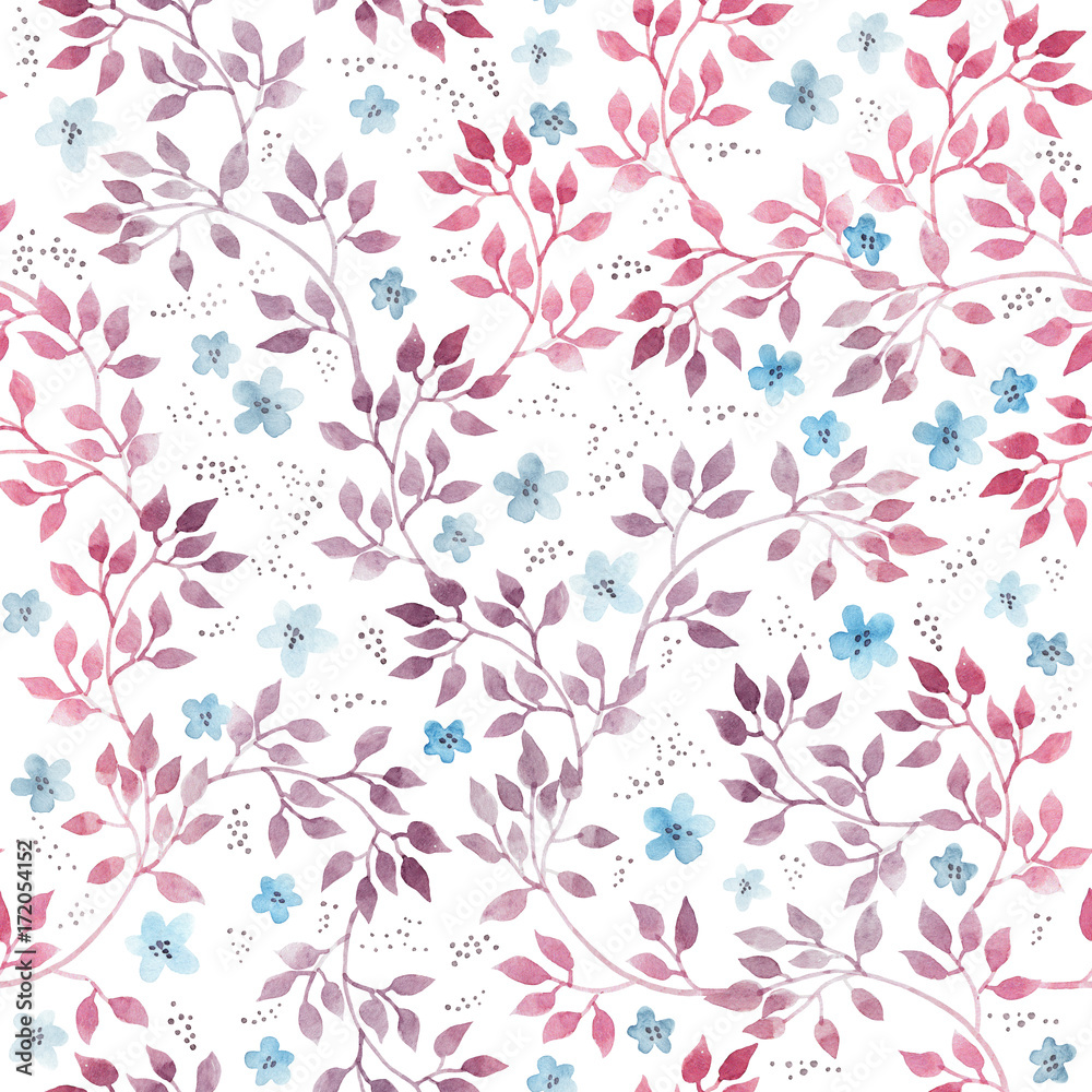 Cute primitive flowers and leaves. Seamless floral pattern. Hand drawn aquarelle