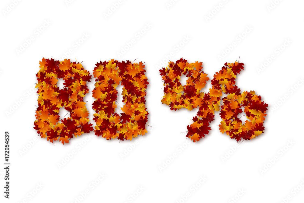 80 percent autumn leaves sale sign. Isolated on white background. Vector illustration. 80 percent autumn leaves sale sign. Isolated on white background. Vector illustration.