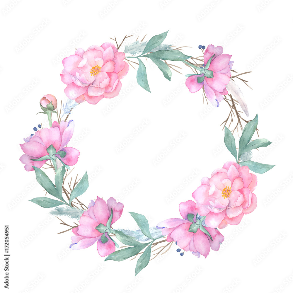 Watercolor floral wreath isolated on white background. Vintage style round frame with wood branches, rose,  blue berries, feathers.