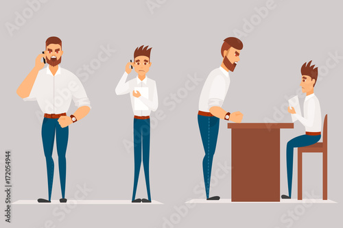 Vector cartoon Illustration of angry man scolds worker. Boss man character screams on worker