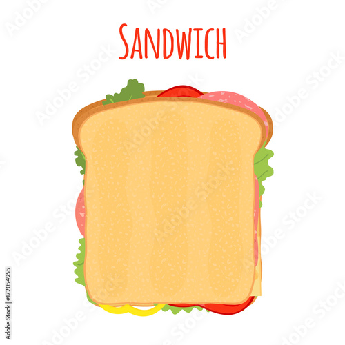 Sandwich. Tomato, pepper, cheese, salad, toast. Flat style. Vector illustration