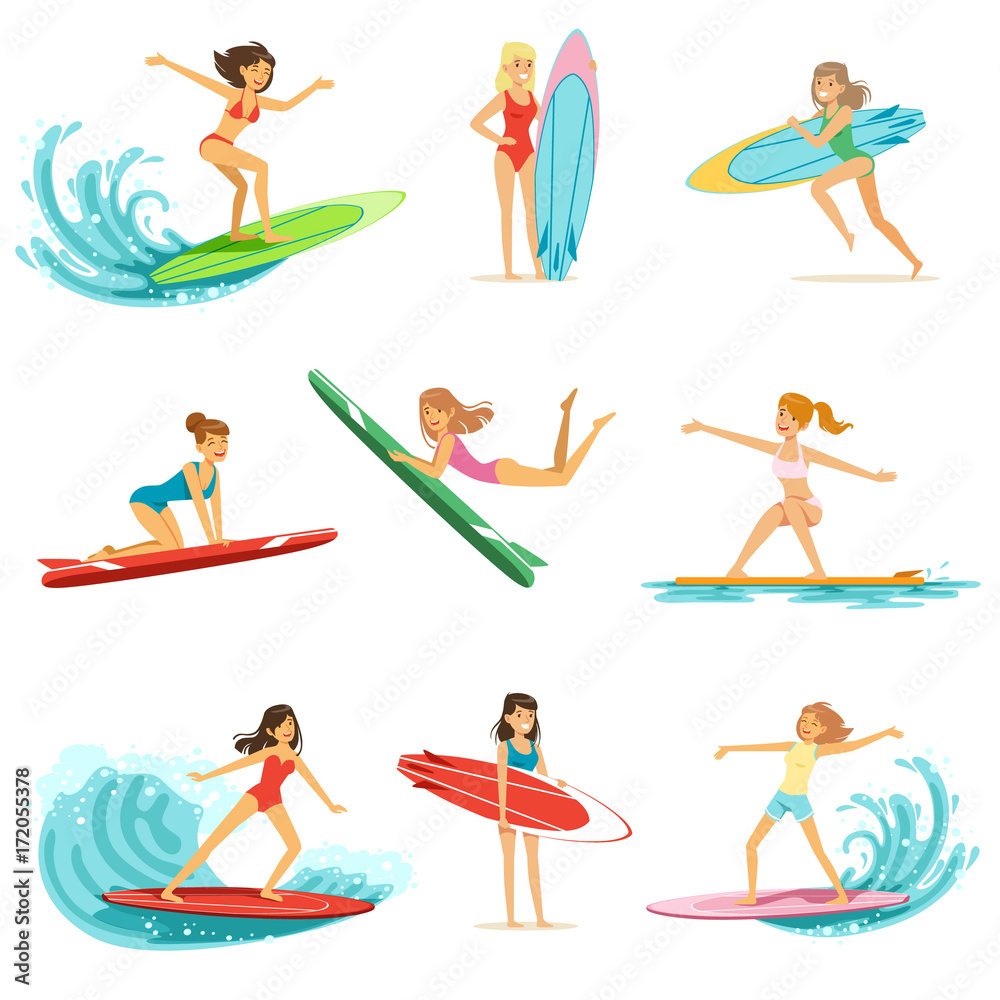 Surfer girls riding on waves set, surfboarders in different poses vector Illustrations Surfer girls riding on waves set, surfboarders in different poses vector Illustrations