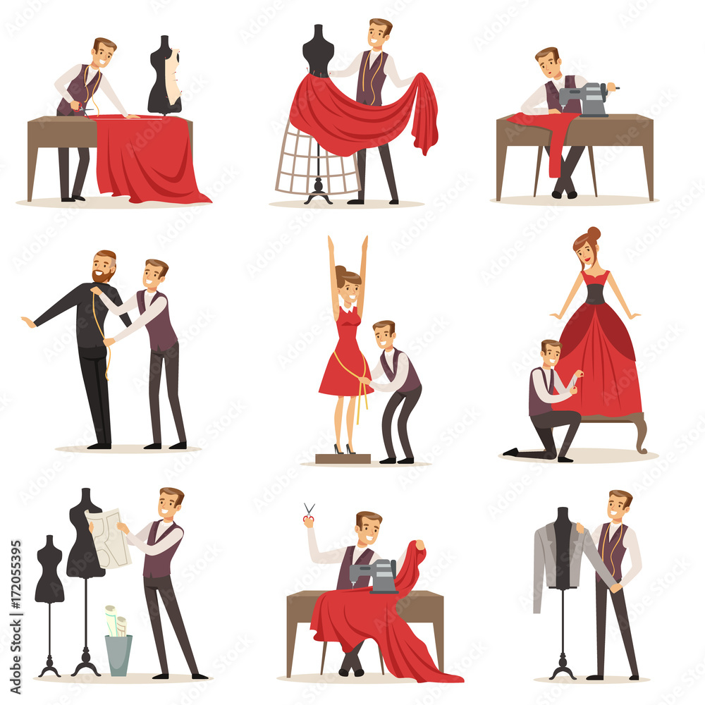 Dressmaker set, male designer tailoring measuring and sewing for his customers vector Illustrations
