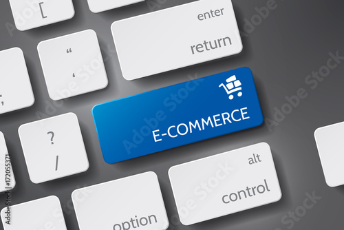 Keyboard with E-Commerce Button. E-Commerce on Red Keyboard Button. E-Commerce on Blue Keyboard Button. E-Commerce key.