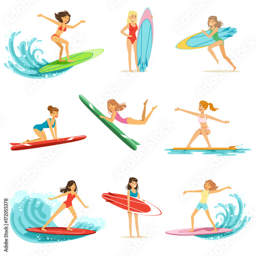 Surfer girls riding on waves set, surfboarders in different poses vector Illustrations