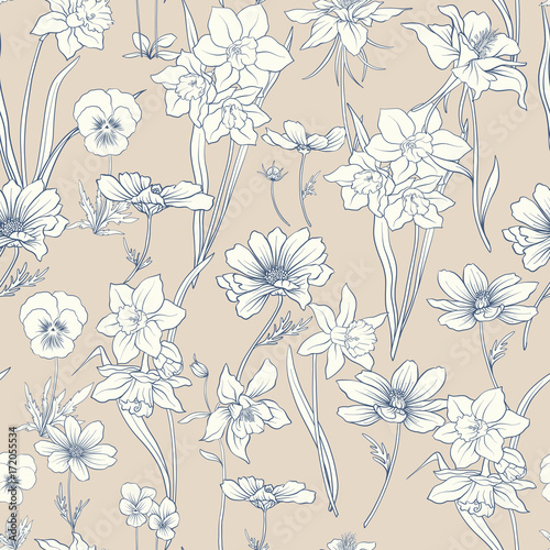 Colored floral seamless pattern with flowers in vintage style. S
