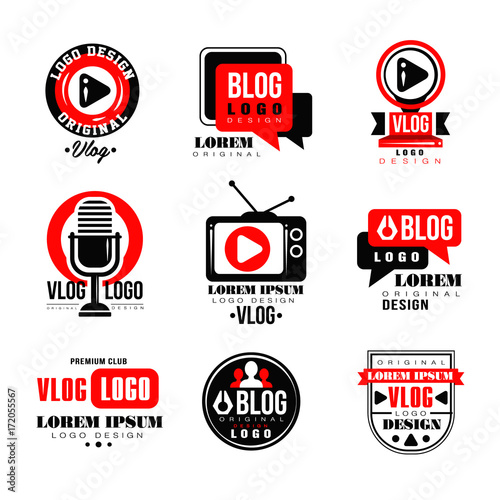 Vlog and blog logo design set, video blogging badges vector Illustrations