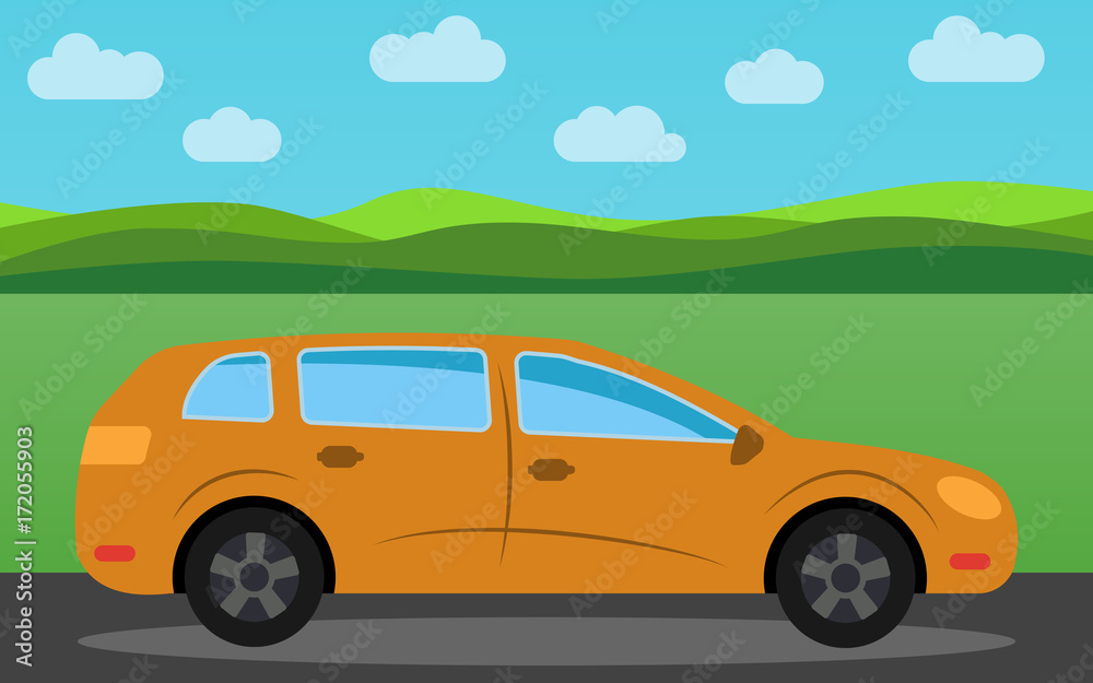 Yellow car in the background of nature landscape in the daytime.  Vector illustration.

