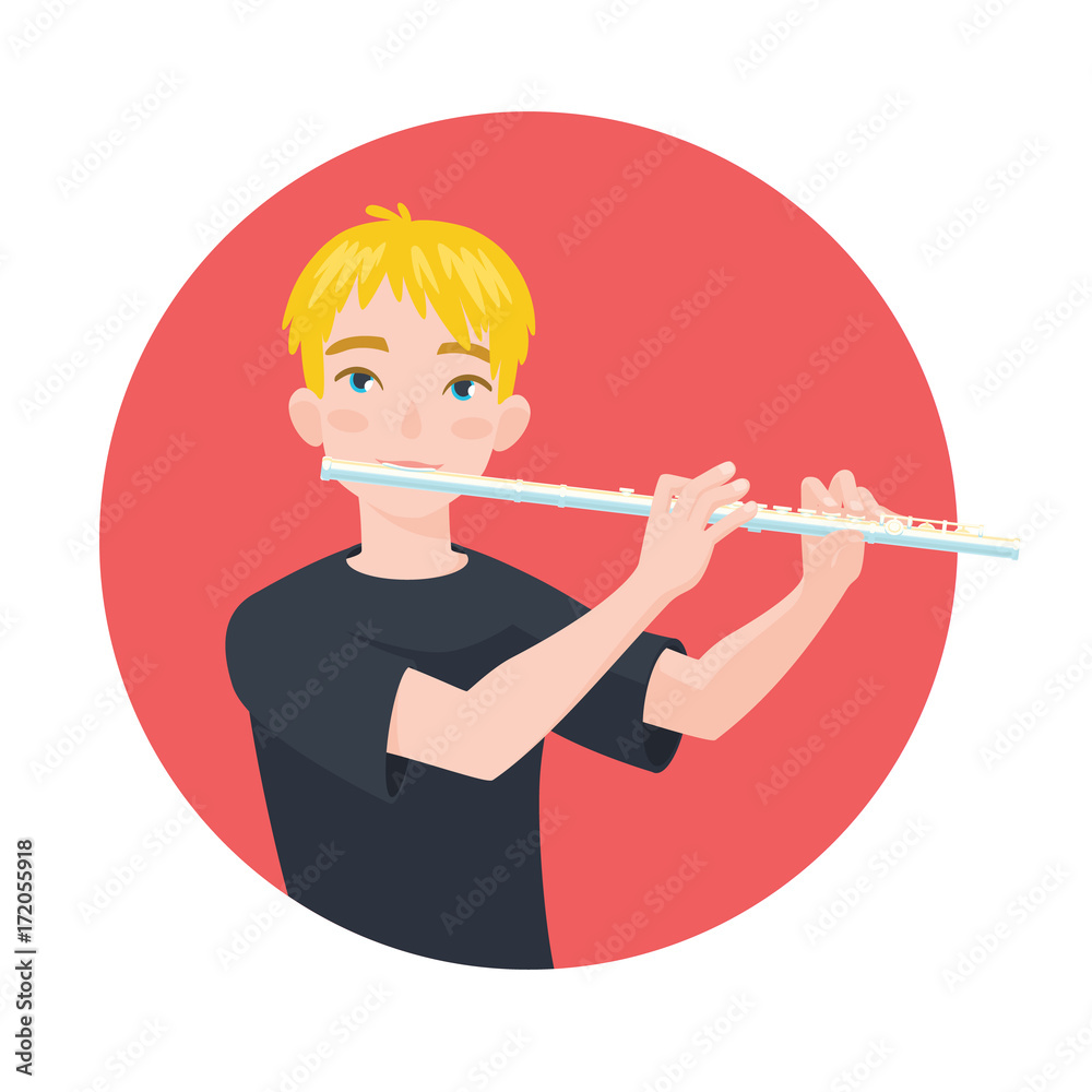 Musician playing flute. Boy flutist is inspired to play a classical musical instrument. Vector. Musician playing flute. Boy flutist is inspired to play a classical musical instrument. Vector.