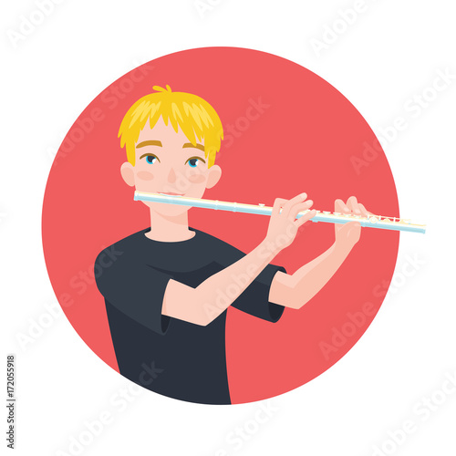 Musician playing flute. Boy flutist is inspired to play a classical musical instrument. Vector.
