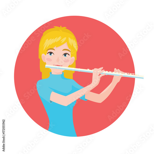 Musician playing flute. Girl flutist is inspired to play a classical musical instrument. Vector.