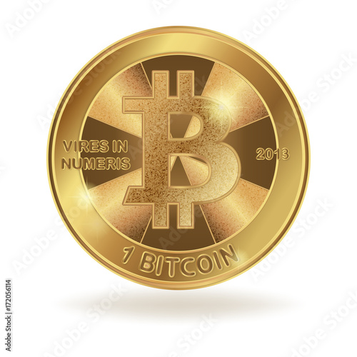 Golden coin of digital currency. Physical bitcoin isolated on white background. Stock vector illustration.