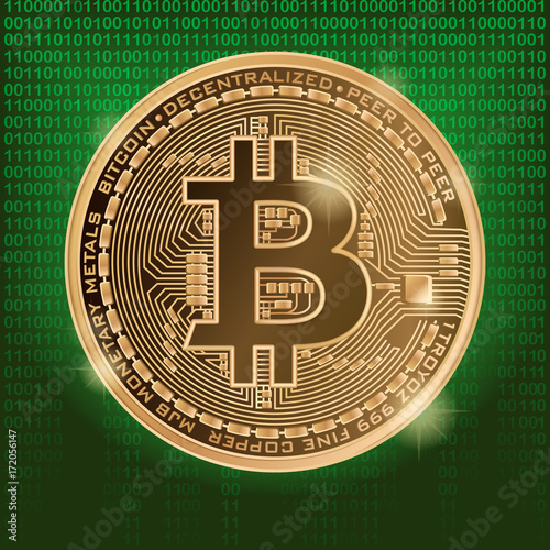 Square  web banner with golden bitcoin and dark green background with binary code. Stock vector illustration.