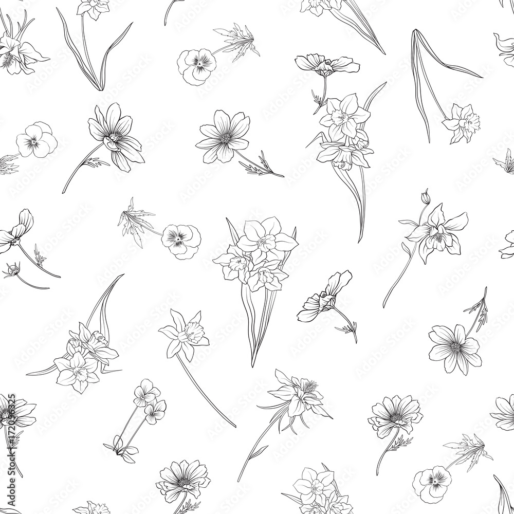 Fototapeta premium Outline floral seamless pattern with flowers in vintage style. S
