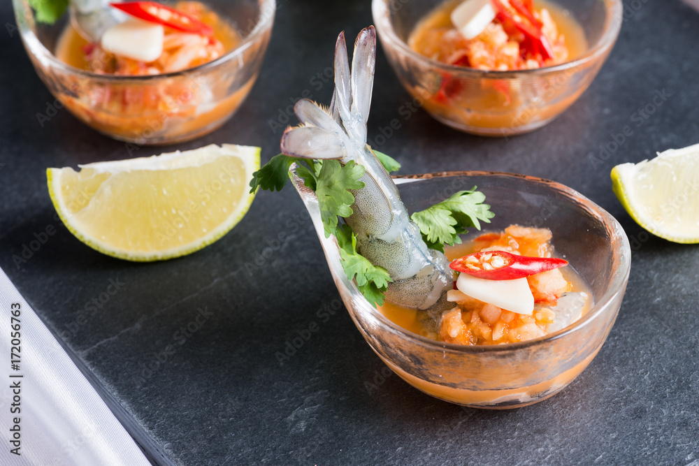 Seafood cocktail prawn in spicy seafood dip Seafood cocktail prawn in spicy seafood dip