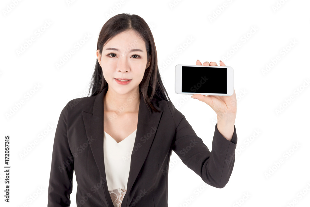 Businesswoman holding blank screen smartphone isolated on white background Businesswoman holding blank screen smartphone isolated on white background
