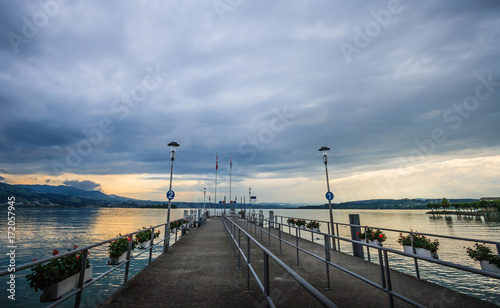 Twilight Sunset view on the Lake Zurich, Rapperswil, Switzerland, Europe.