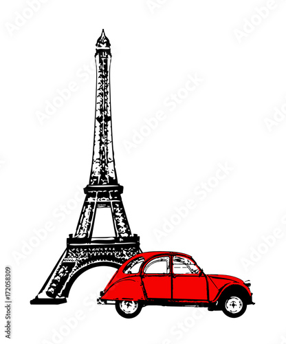 Eiffelturm mit rotem Auto © by-studio