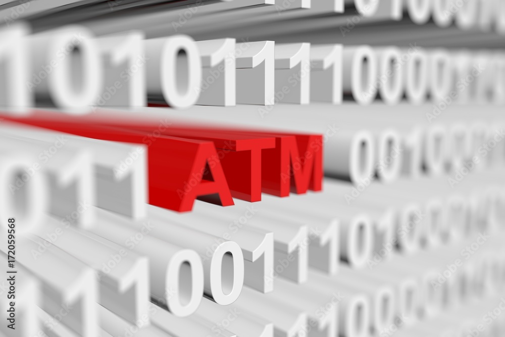 ATM in binary code with blurred background 3D illustration