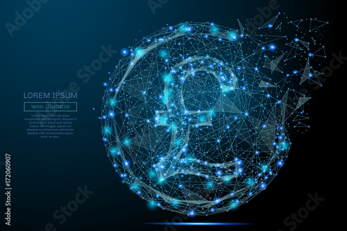British pound coin from abstract polygonal points blue. Low poly coin in motion, lines and connected to form, vector illustration. Money sign wire frame digital illustration