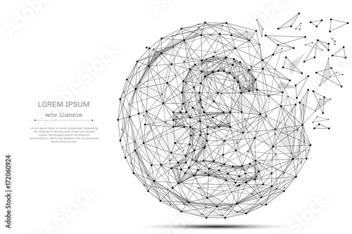 Black outline british pound coin with polygon line on abstract background. Polygonal space low poly with connecting dots and lines. Connection structure. Vector financial background. Money sign.