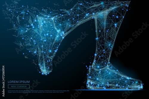 Abstract image of feet in sneakers running low poly in the form of a starry sky or space, consisting of points, lines, and shapes in the form of planets, stars and the universe. Vector sport concept.