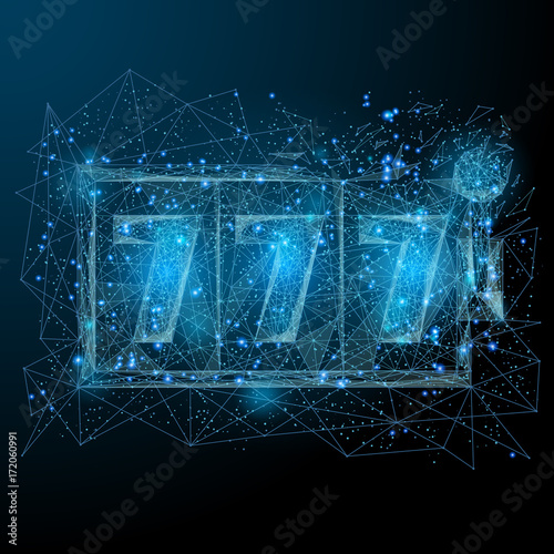 Polygonal slot machine isolated on dark background. Lucky seven casino jackpot win. Low poly vector illustration of a starry sky or Comos. Digital images consists of lines, dots and destruct shapes.