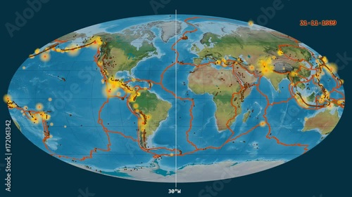 Earthquakes on the topographic map. Prime meridian 0 degree