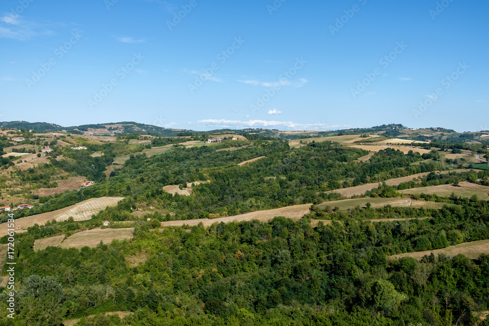 View of Langhe hills from the top of the medieval tower of Murazzano, Piedmont, Italy.Piedmont, Italy.