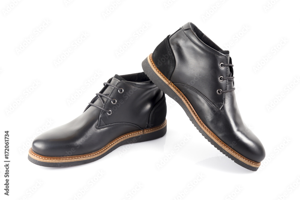 Male Black Leather Boot on White Background, Isolated Product. Male Black Leather Boot on White Background, Isolated Product.