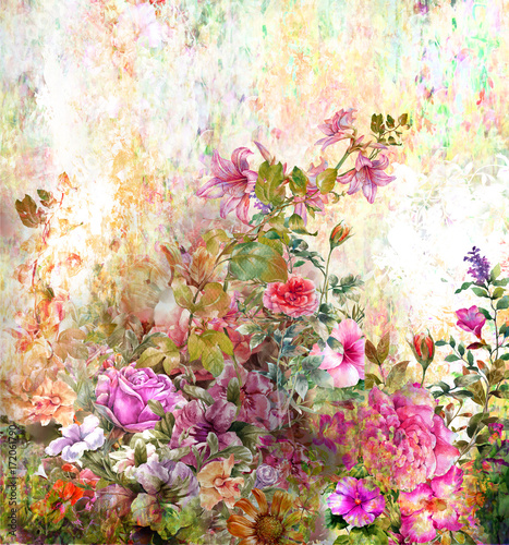 Abstract colorful flowers watercolor painting. Spring multicolored in .nature