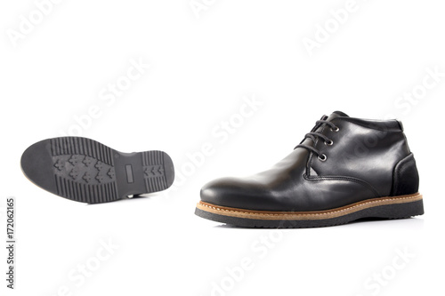 Male Black Leather Boot on White Background, Isolated Product.