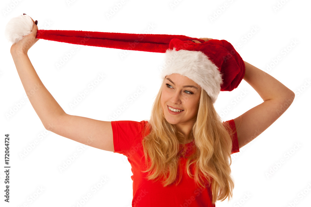 Cute blonde woman with santa hat siolated over white background Cute blonde woman with santa hat siolated over white background