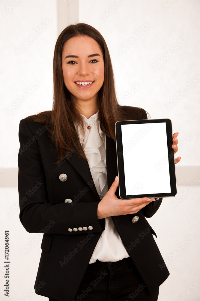 asian caucasian business woman browsing web on tablet computer asian caucasian business woman browsing web on tablet computer