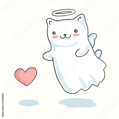 Cartoon Cat pictured as a little Angel with wings, halo and heart in japanese kawaii style