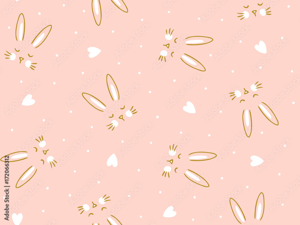 Vector seamless pink  background with  little cute bunny and heart. Hand drawn fabric design.